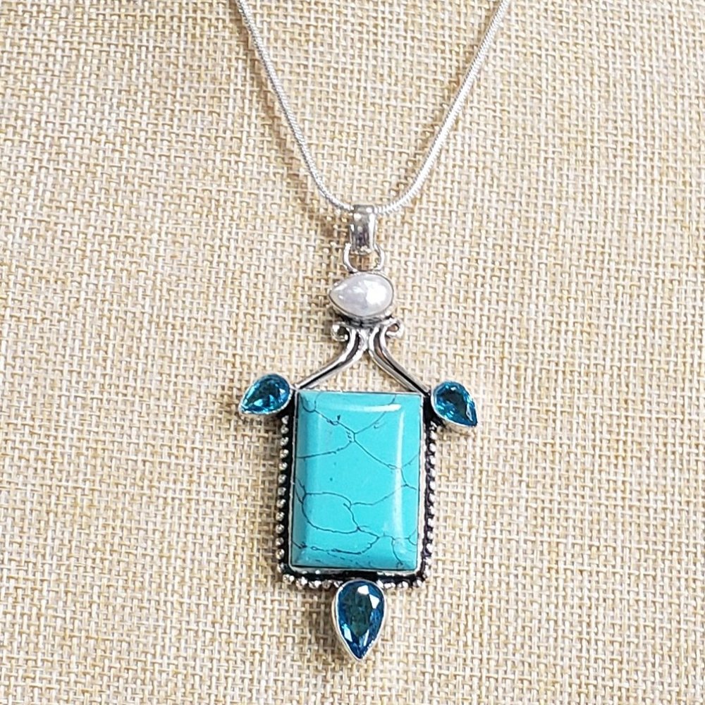 Turquoise necklace, 925 silver turquoise blue topaz pendant necklace - Picture 1 of 14
